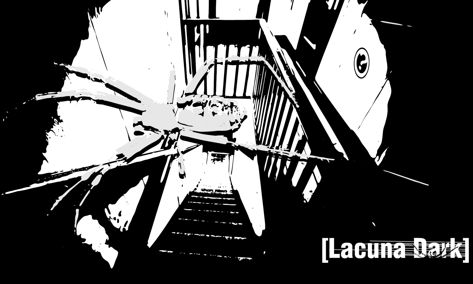 Stark black and white image of a stairwell with a giant spider crawling across