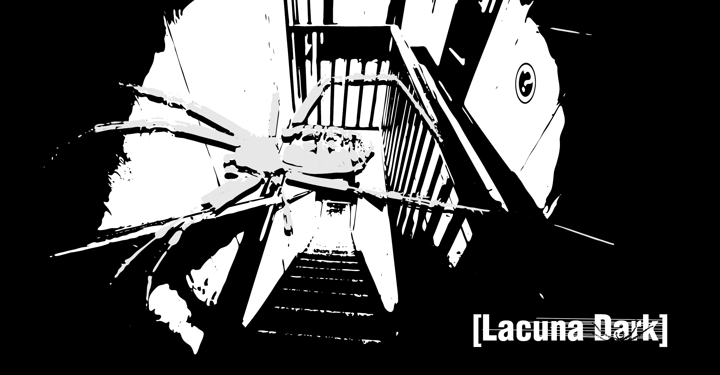 Stark black and white image of a stairwell with a giant spider crawling across